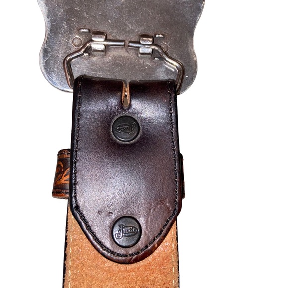 Vintage Justin Tooled Leather Belt Mens Size 38 Buckle Native American Buffalo - Picture 13 of 13